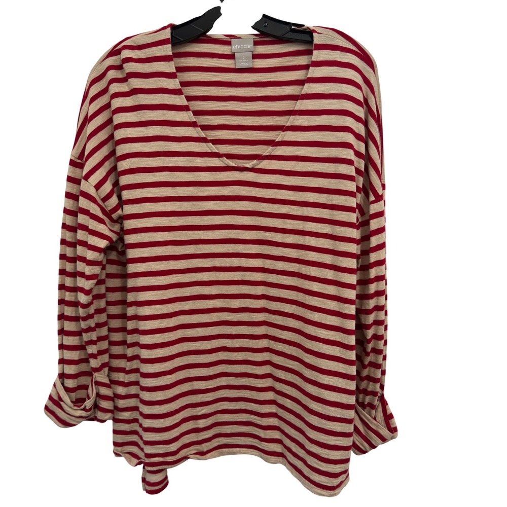 Chico's Knit Top Red Tan Striped Cotton Modal V-Neck Long Sleeve Size 2 (L)